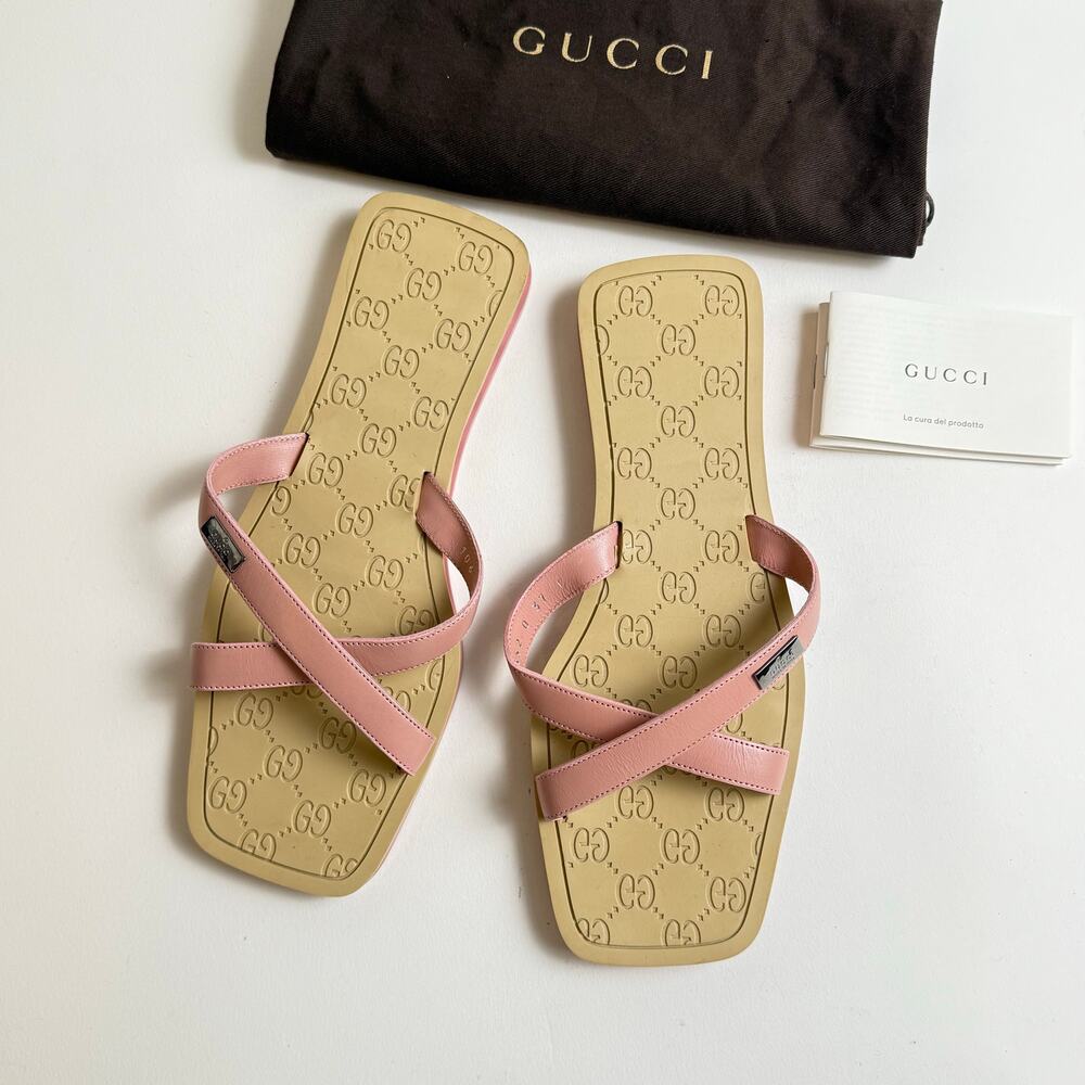 Gucci Size 37 Pink GG Embossed Square Toe Leather Strap Rubber Sandals Slides